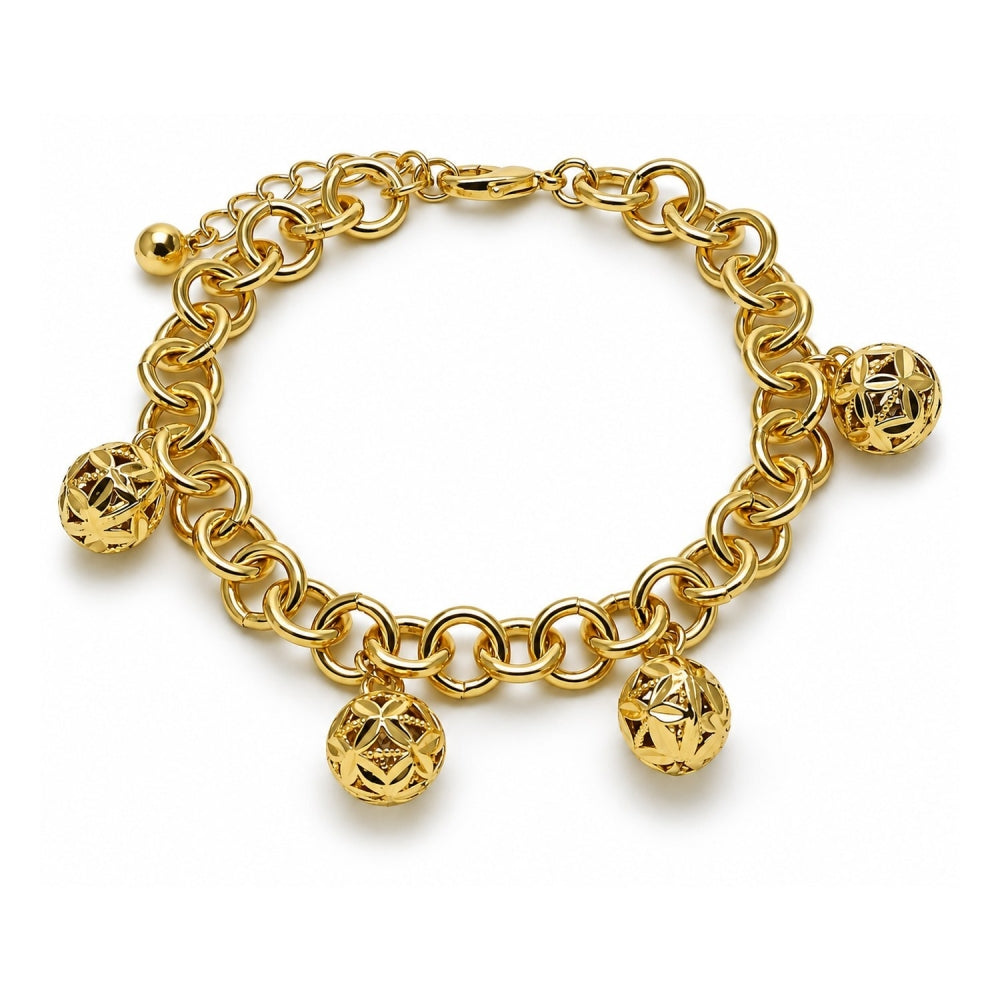Oro Laminado Charm Bracelet, Gold Filled Style Ball and Rolo Design, Diamond Cutting Finish, Golden Finish