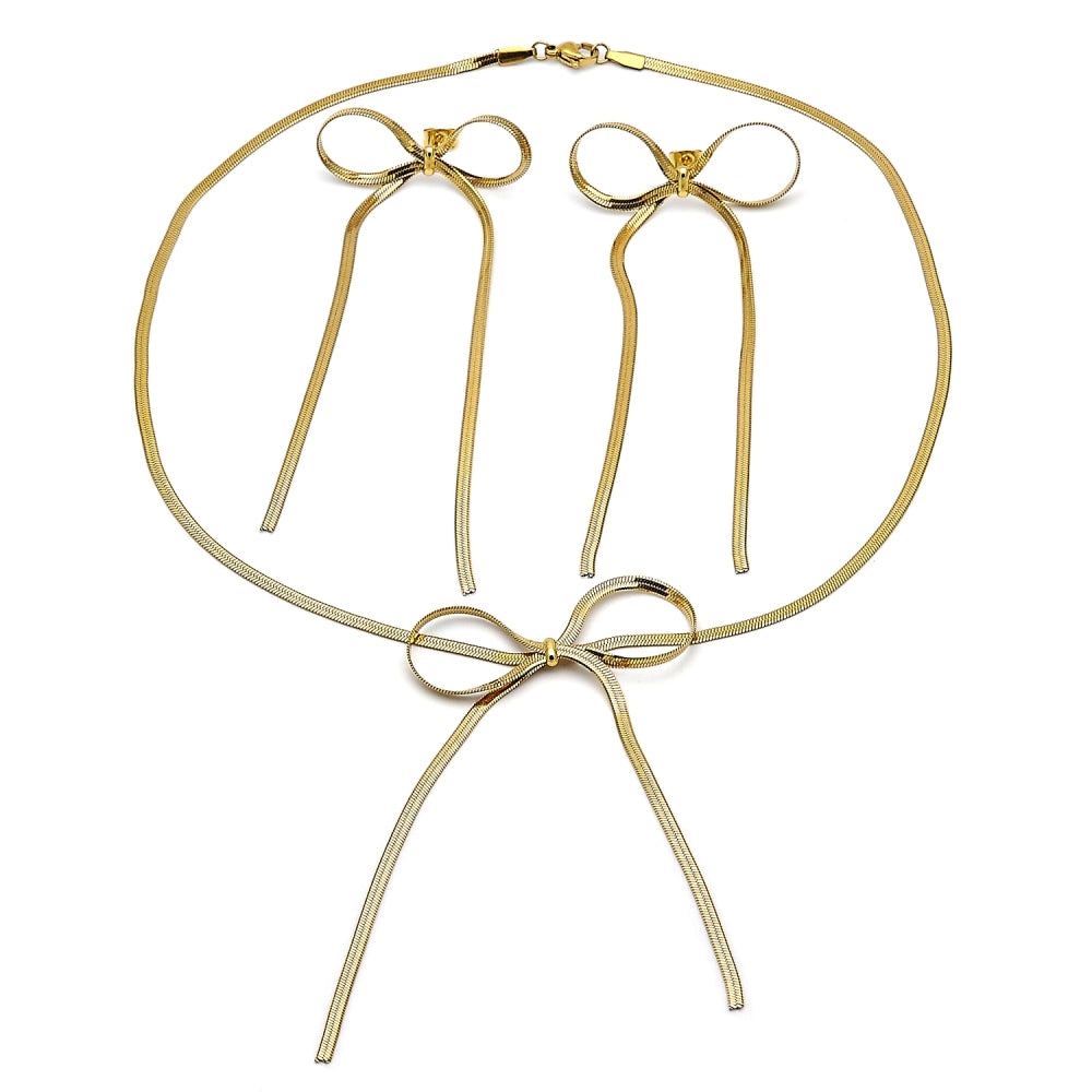 Stainless Steel Necklace and Earring, Bow and Rat Tail Design, Diamond Cutting Finish, Golden Finish