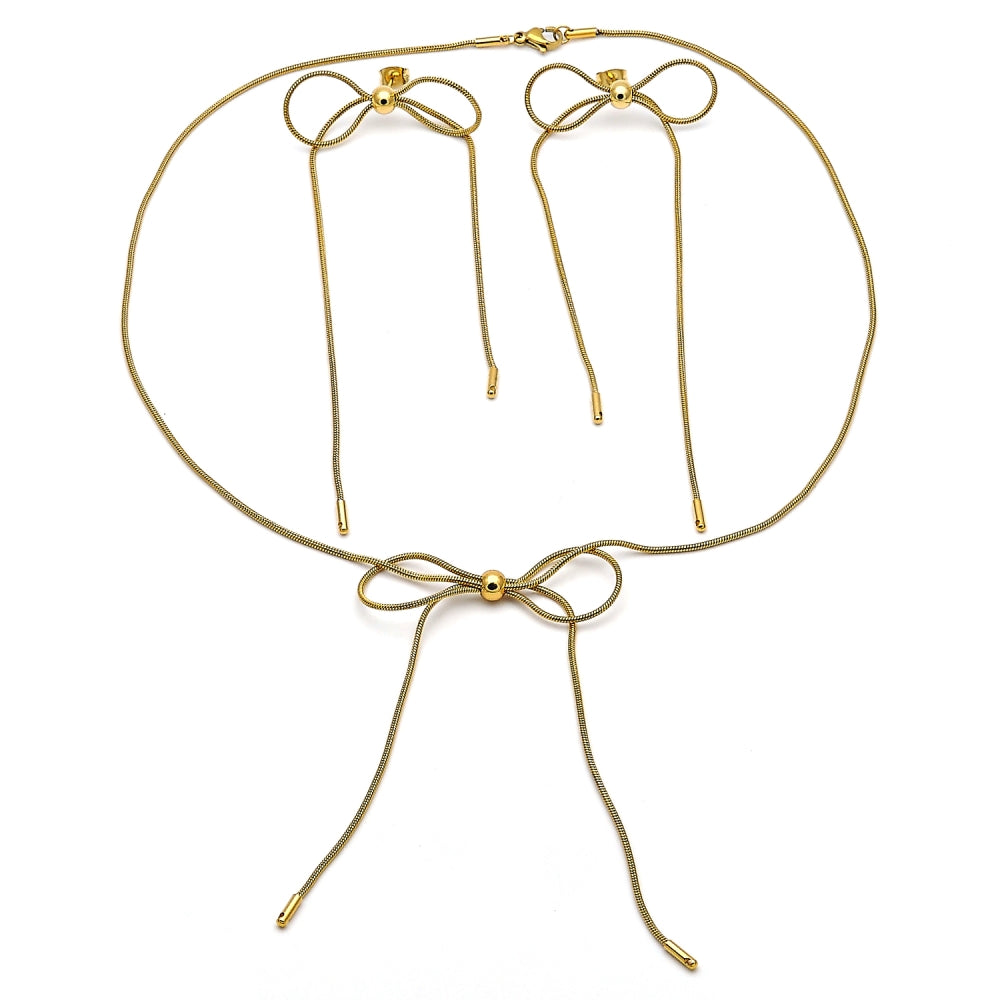 Stainless Steel Necklace and Earring, Bow and Rat Tail Design, Polished, Golden Finish