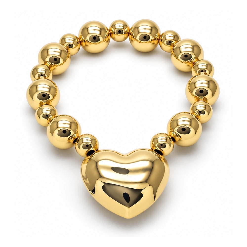 Oro Laminado Fancy Bracelet, Gold Filled Style Heart and Ball Design, Polished, Golden Finish