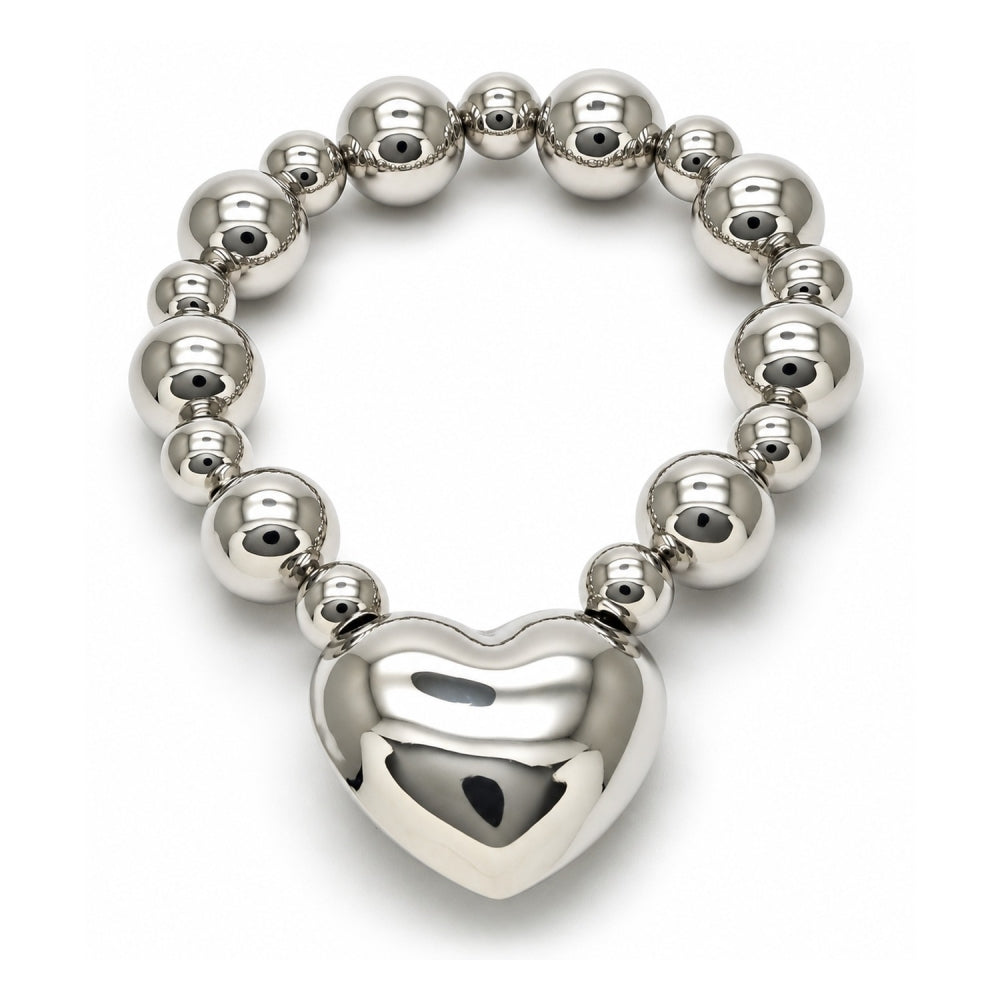White Gold Filled Fancy Bracelet, Heart and Ball Design, Polished, Rhodium Finish