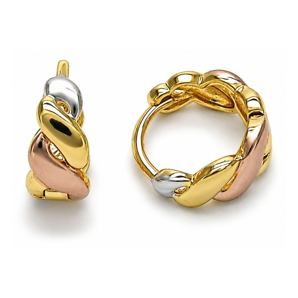 Oro Laminado Huggie Hoop, Gold Filled Style Twist Design, Polished, Tricolor