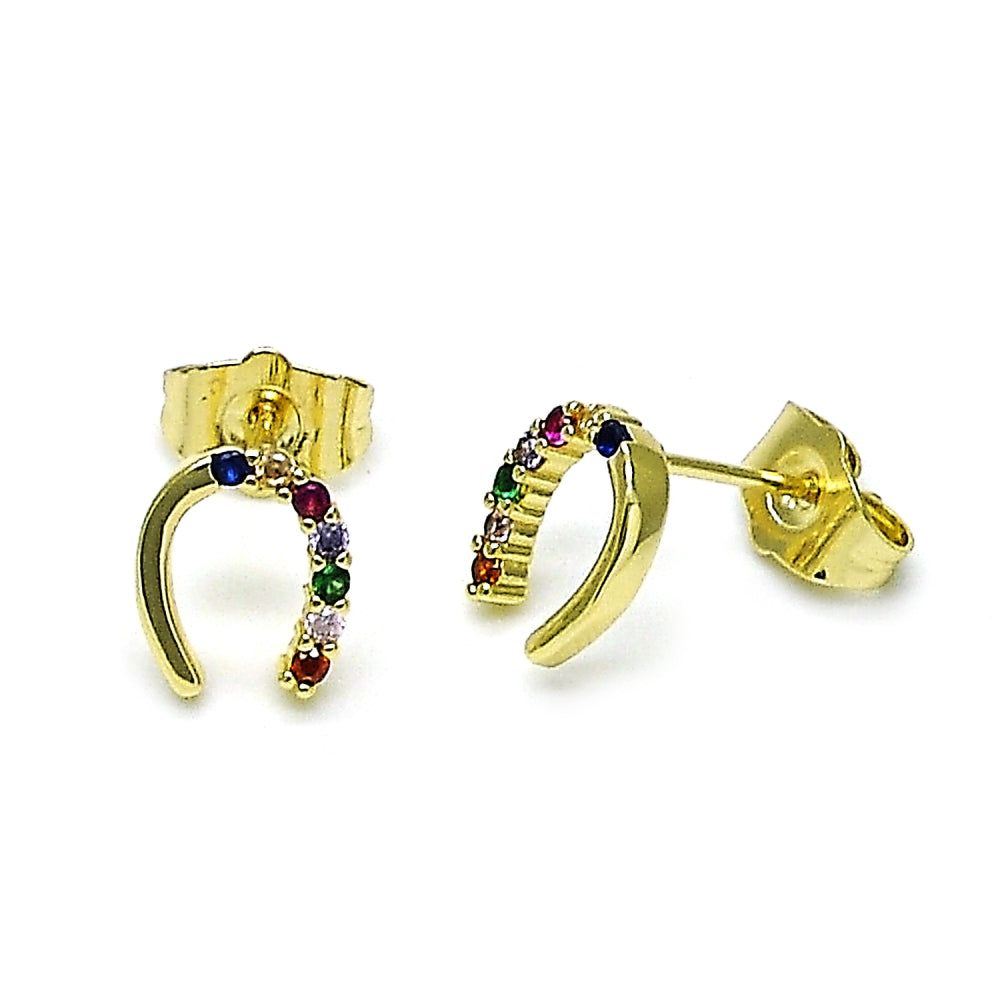 Oro Laminado Stud Earring, Gold Filled Style Horseshoe Design, with Multicolor Cubic Zirconia, Polished, Golden Finish