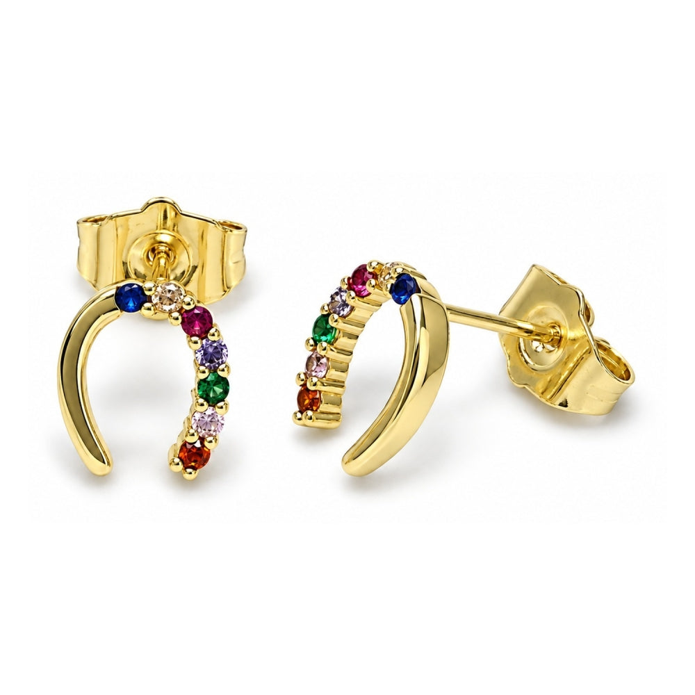Oro Laminado Stud Earring, Gold Filled Style Horseshoe Design, with Multicolor Cubic Zirconia, Polished, Golden Finish