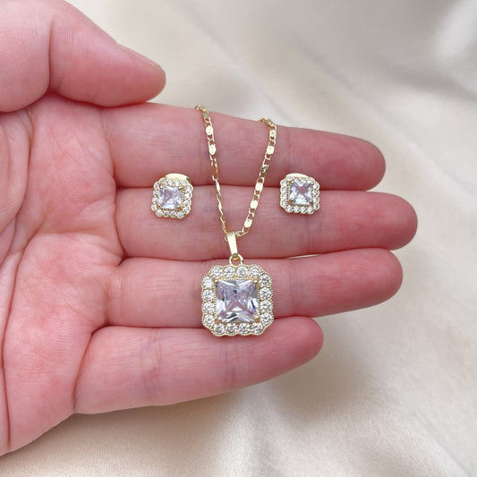 Oro Laminado Earring and Pendant Adult Set, Gold Filled Style Cluster Design, with White Cubic Zirconia, Polished, Golden Finish