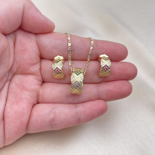 Oro Laminado Earring and Pendant Adult Set, Gold Filled Style with Multicolor Micro Pave, Polished, Golden Finish