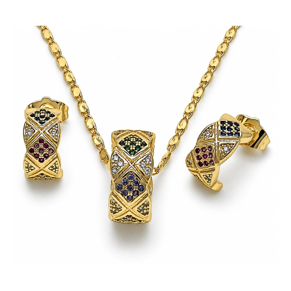 Oro Laminado Earring and Pendant Adult Set, Gold Filled Style with Multicolor Micro Pave, Polished, Golden Finish