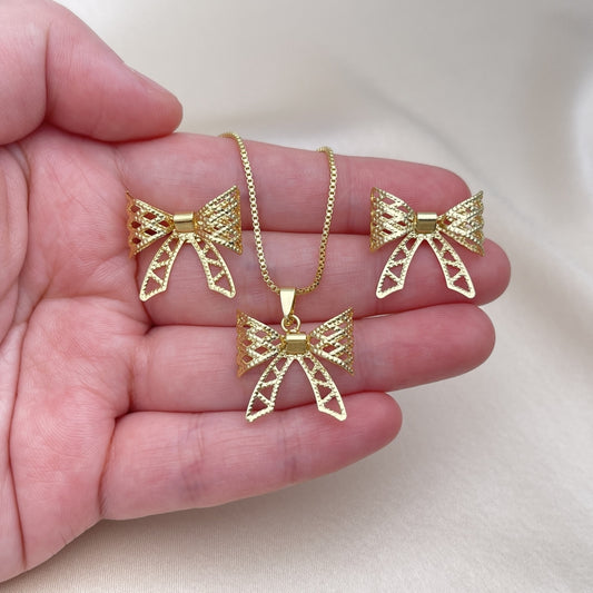 Oro Laminado Earring and Pendant Adult Set, Gold Filled Style Bow and Filigree Design, Diamond Cutting Finish, Golden Finish