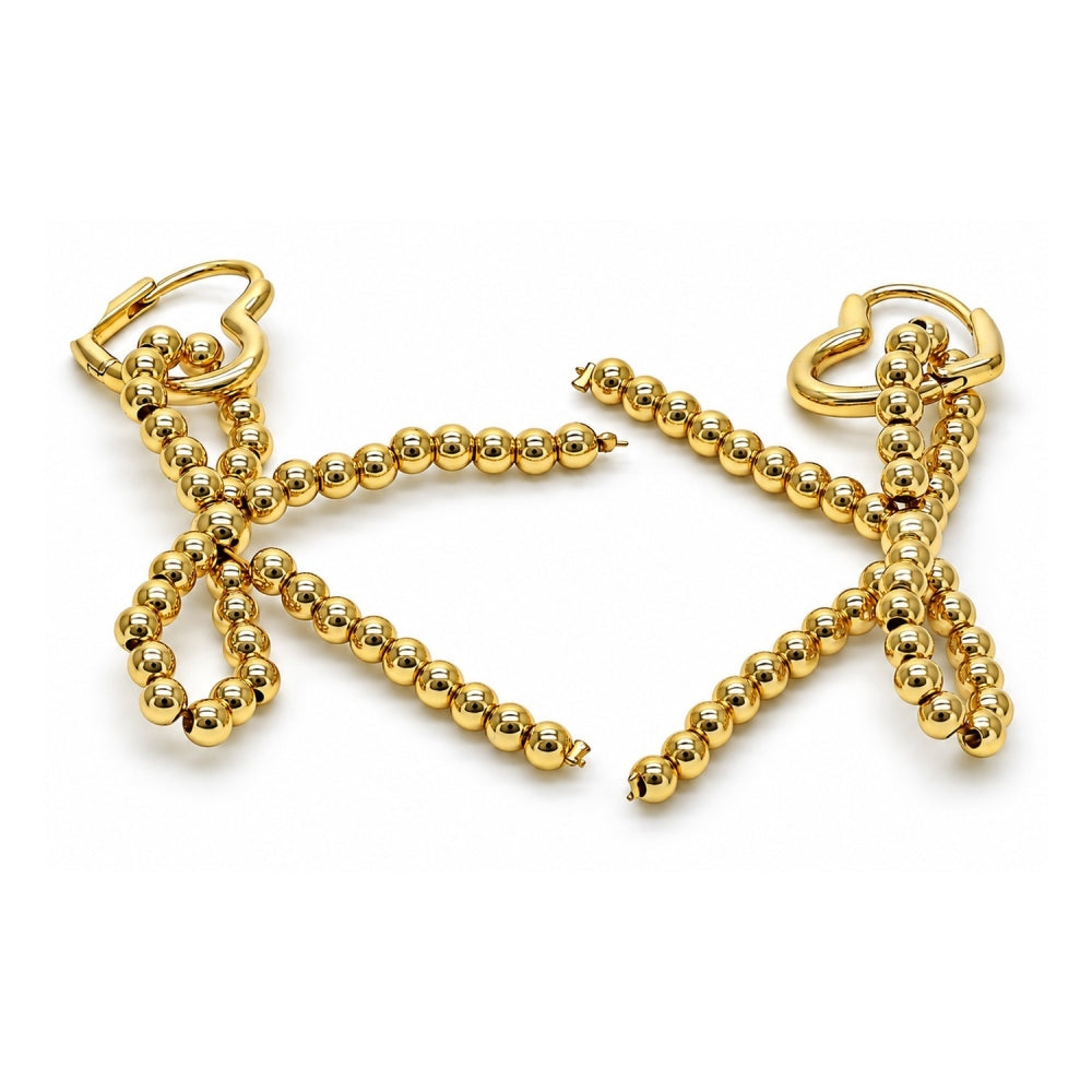 Oro Laminado Dangle Earring, Gold Filled Style Bow and Heart Design, Polished, Golden Finish