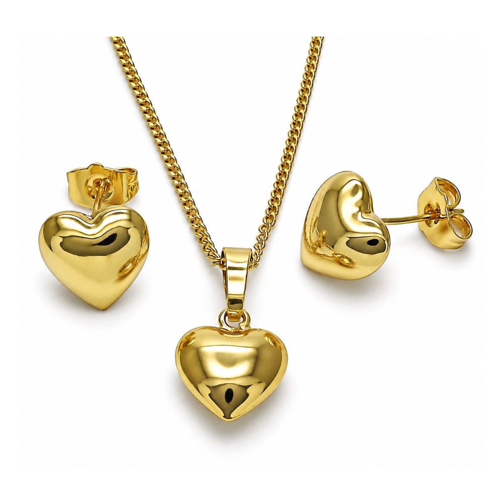 Oro Laminado Earring and Pendant Adult Set, Gold Filled Style Heart and Hollow Design, Polished, Golden Finish