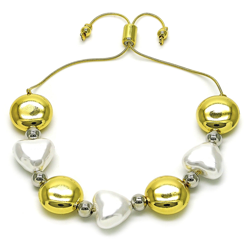 Oro Laminado Adjustable Bolo Bracelet, Gold Filled Style Heart and Ball Design, with Ivory Pearl, Polished, Two Tone