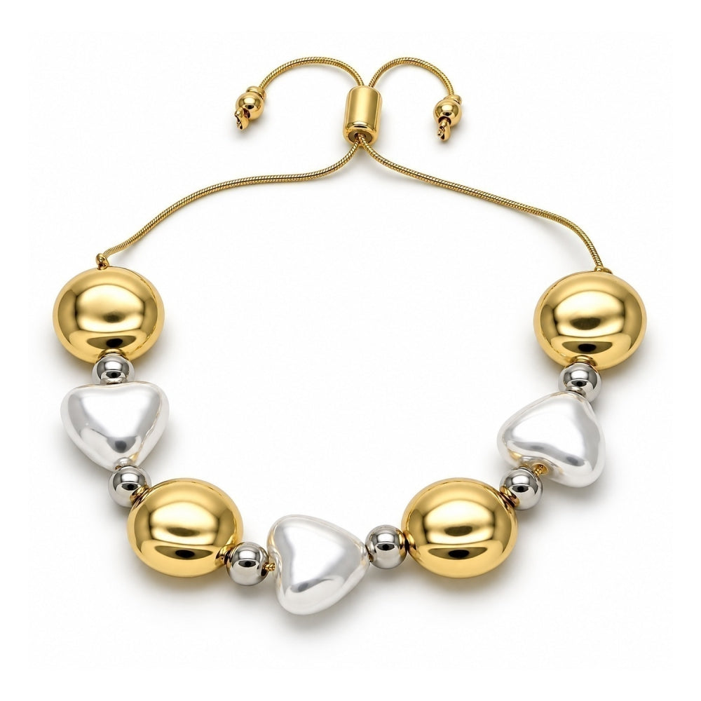 Oro Laminado Adjustable Bolo Bracelet, Gold Filled Style Heart and Ball Design, with Ivory Pearl, Polished, Two Tone