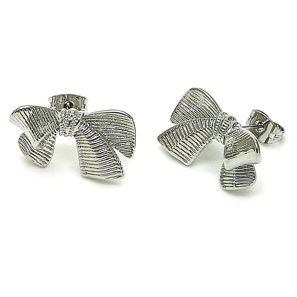 Rhodium Gold Filled Stud Earring, Bow Design, Diamond Cutting Finish, Rhodium Finish