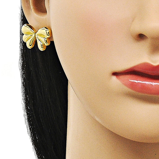 Oro Laminado Stud Earring, Gold Filled Style Bow Design, Polished, Golden Finish