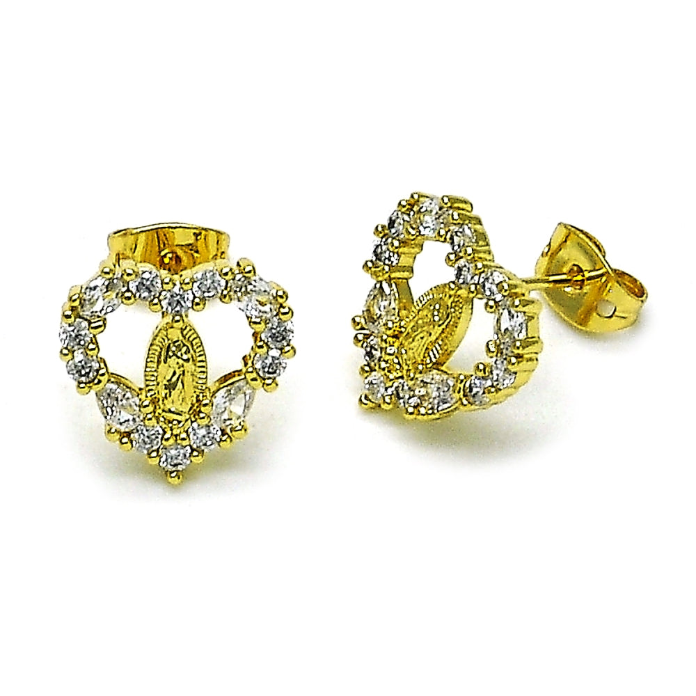 Oro Laminado Stud Earring, Gold Filled Style Guadalupe and Heart Design, with White Cubic Zirconia, Polished, Golden Finish