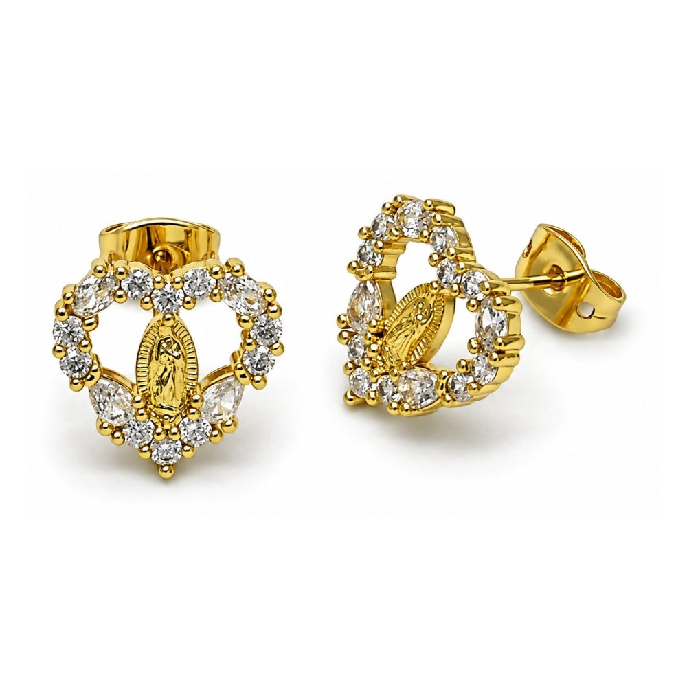 Oro Laminado Stud Earring, Gold Filled Style Guadalupe and Heart Design, with White Cubic Zirconia, Polished, Golden Finish