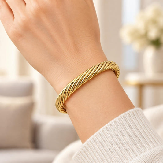 Oro Laminado Individual Bangle, Gold Filled Style Twist Design, Polished, Golden Finish