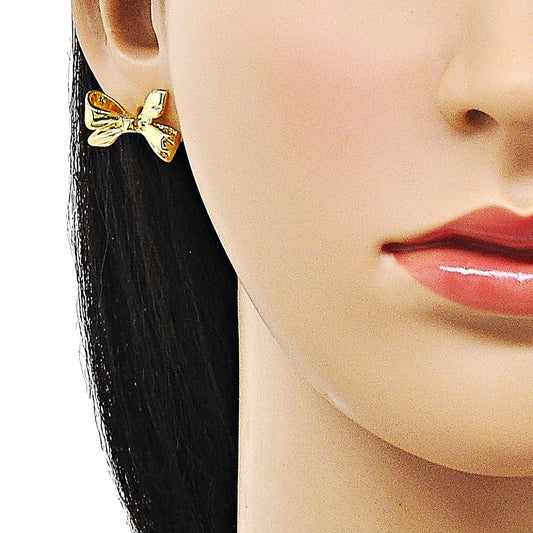 Oro Laminado Stud Earring, Gold Filled Style Bow Design, Polished, Golden Finish