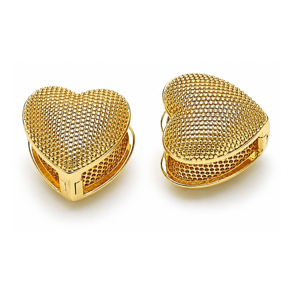 Oro Laminado Huggie Hoop, Gold Filled Style Heart Design, Diamond Cutting Finish, Golden Finish