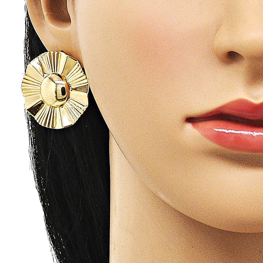 Oro Laminado Stud Earring, Gold Filled Style Sun Design, Diamond Cutting Finish, Golden Finish