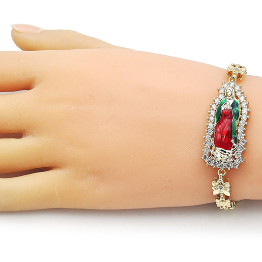 Oro Laminado Solid Bracelet, Gold Filled Style Guadalupe and Flower Design, with White Cubic Zirconia, Polished, Tricolor