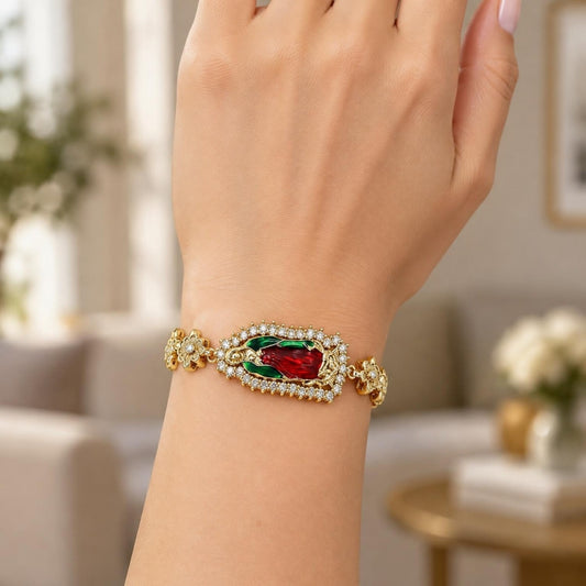 Oro Laminado Solid Bracelet, Gold Filled Style Guadalupe and Flower Design, with White Cubic Zirconia, Polished, Tricolor