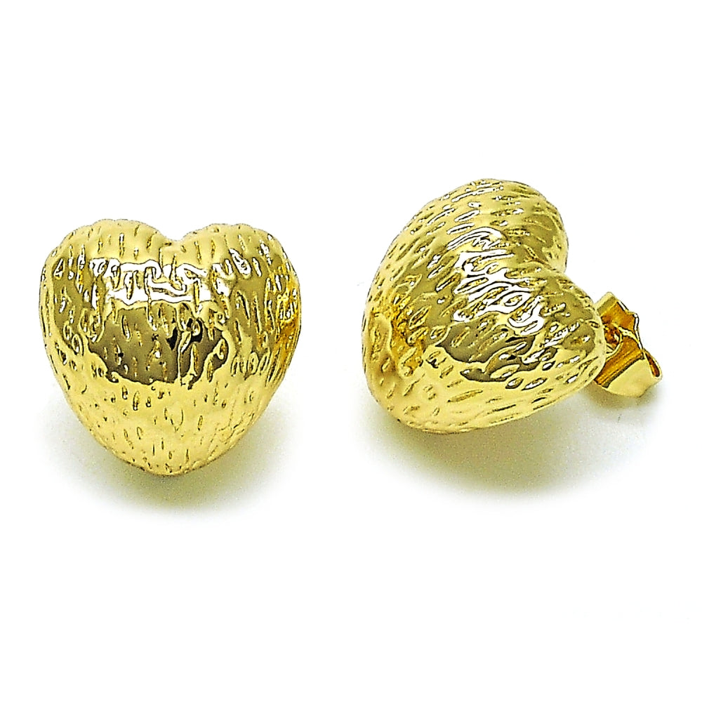 Oro Laminado Stud Earring, Gold Filled Style Heart Design, Diamond Cutting Finish, Golden Finish