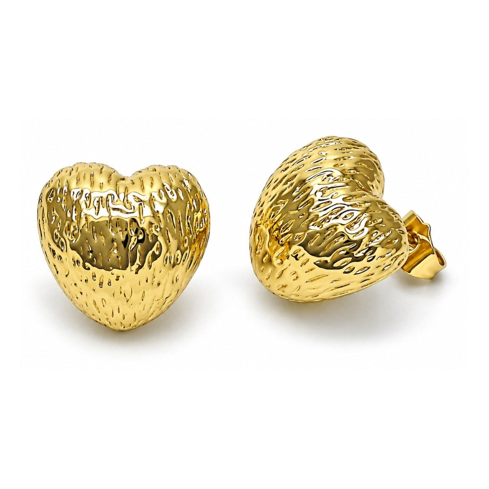 Oro Laminado Stud Earring, Gold Filled Style Heart Design, Diamond Cutting Finish, Golden Finish