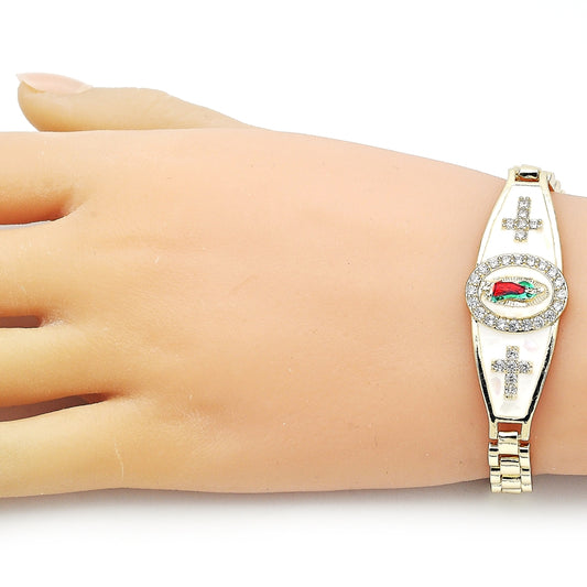 Oro Laminado Fancy Bracelet, Gold Filled Style Guadalupe and Cross Design, with White Cubic Zirconia, White Enamel Finish, Tricolor