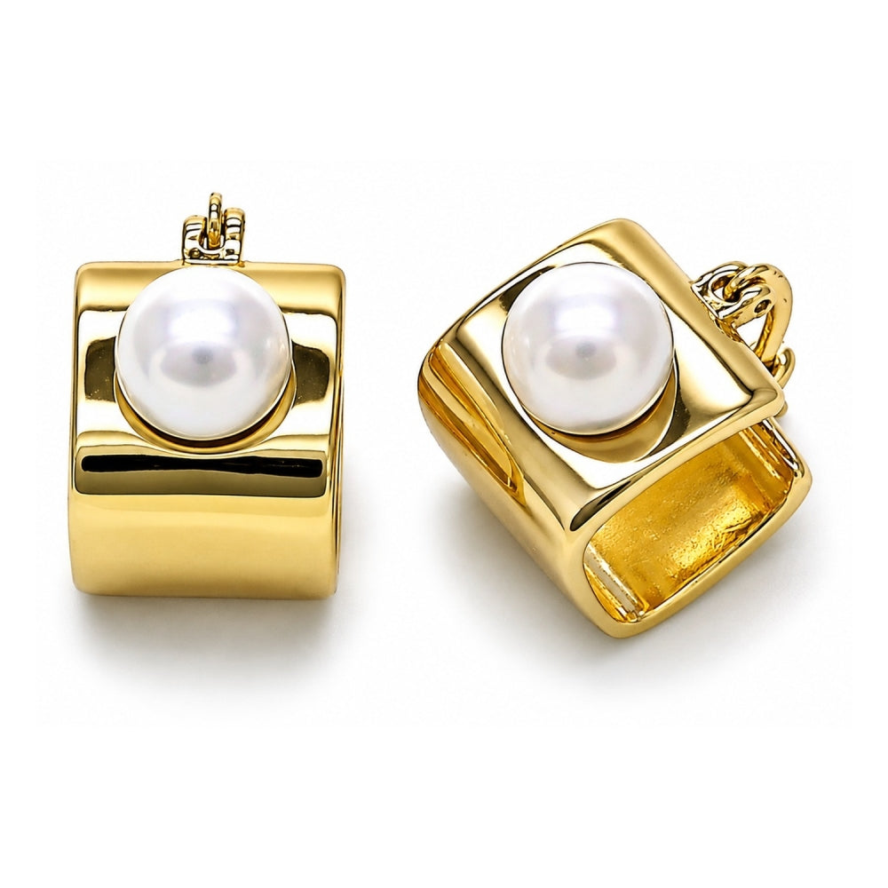 Oro Laminado Small Hoop, Gold Filled Style Ball Design, with Ivory Pearl, Polished, Golden Finish