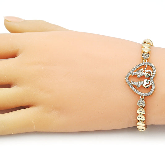 Oro Laminado Fancy Bracelet, Gold Filled Style Heart and Little Girl Design, with White and Green Cubic Zirconia, Polished, Golden Finish