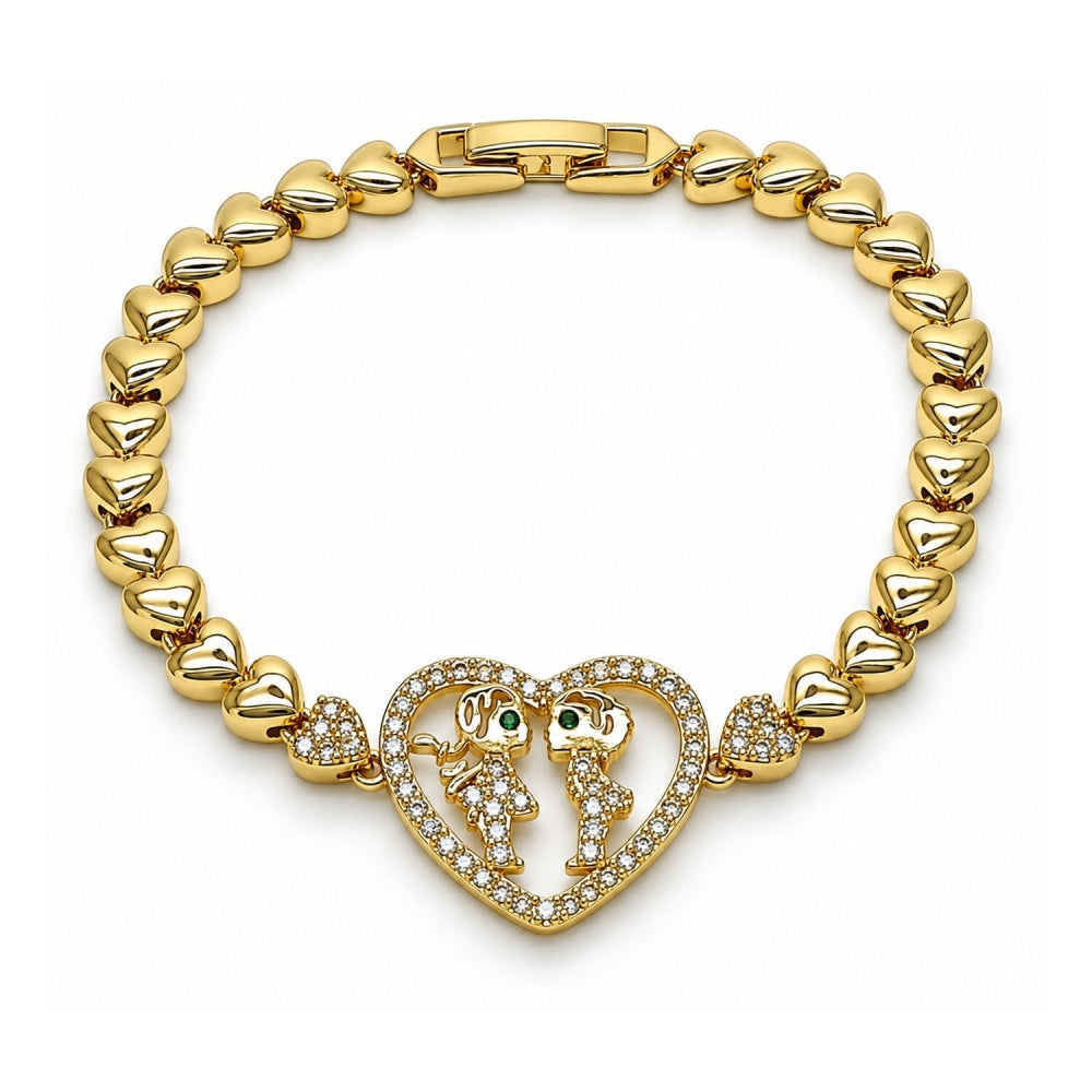 Oro Laminado Fancy Bracelet, Gold Filled Style Heart and Little Girl Design, with White and Green Cubic Zirconia, Polished, Golden Finish