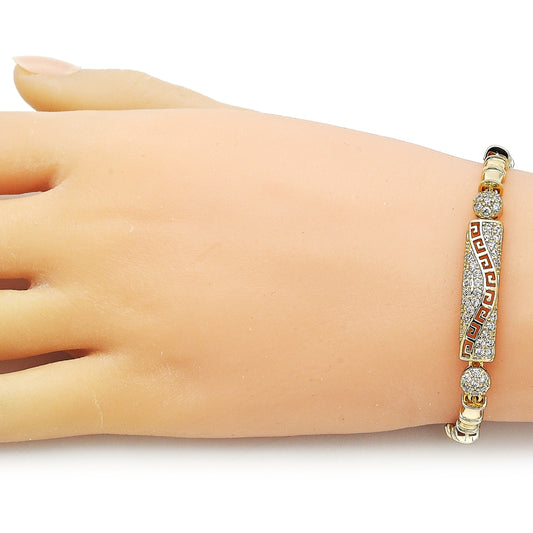 Oro Laminado Fancy Bracelet, Gold Filled Style Bamboo and Greek Key Design, with White Cubic Zirconia, Polished, Golden Finish