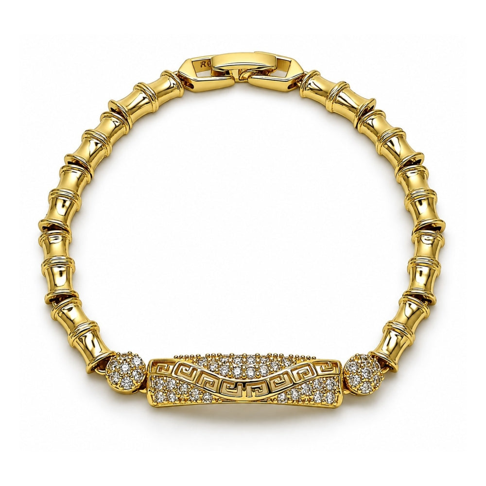 Oro Laminado Fancy Bracelet, Gold Filled Style Bamboo and Greek Key Design, with White Cubic Zirconia, Polished, Golden Finish