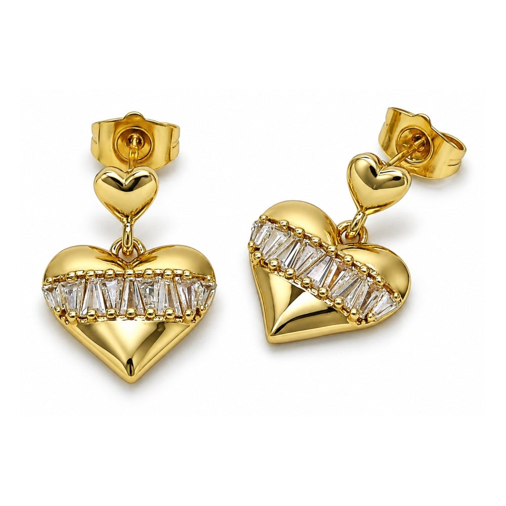 Oro Laminado Dangle Earring, Gold Filled Style Heart and Baguette Design, with White Cubic Zirconia, Polished, Golden Finish