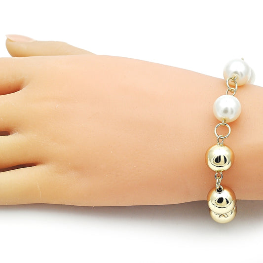 Oro Laminado Fancy Bracelet, Gold Filled Style Ball and Hollow Design, with Ivory Pearl, Polished, Golden Finish