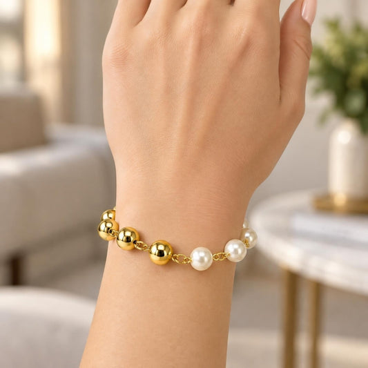Oro Laminado Fancy Bracelet, Gold Filled Style Ball and Hollow Design, with Ivory Pearl, Polished, Golden Finish