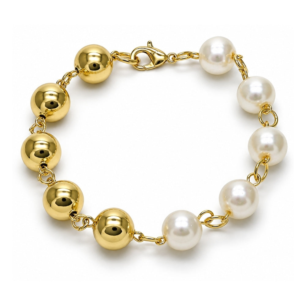 Oro Laminado Fancy Bracelet, Gold Filled Style Ball and Hollow Design, with Ivory Pearl, Polished, Golden Finish