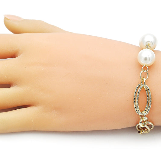 Oro Laminado Fancy Bracelet, Gold Filled Style Ball Design, with Ivory Pearl, Diamond Cutting Finish, Golden Finish