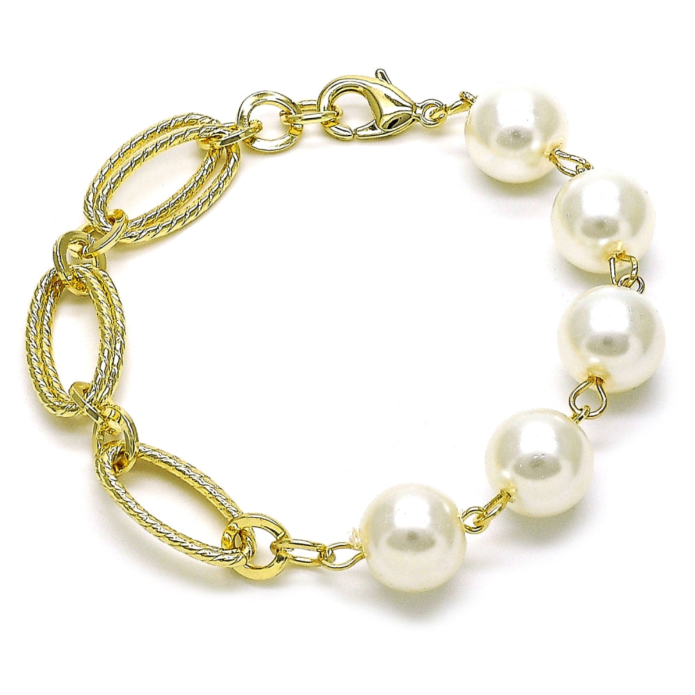 Oro Laminado Fancy Bracelet, Gold Filled Style Ball Design, with Ivory Pearl, Diamond Cutting Finish, Golden Finish