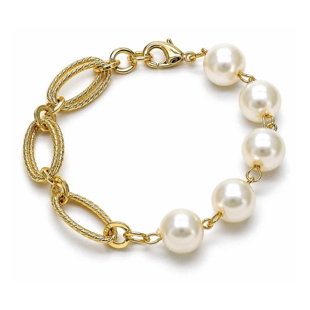 Oro Laminado Fancy Bracelet, Gold Filled Style Ball Design, with Ivory Pearl, Diamond Cutting Finish, Golden Finish