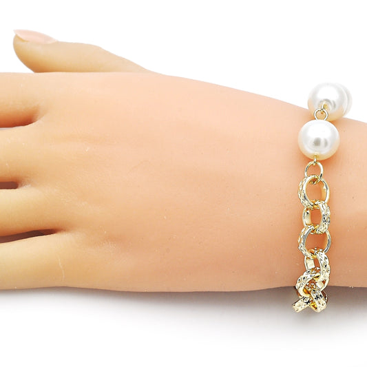 Oro Laminado Fancy Bracelet, Gold Filled Style Rolo and Ball Design, with Ivory Pearl, Diamond Cutting Finish, Golden Finish