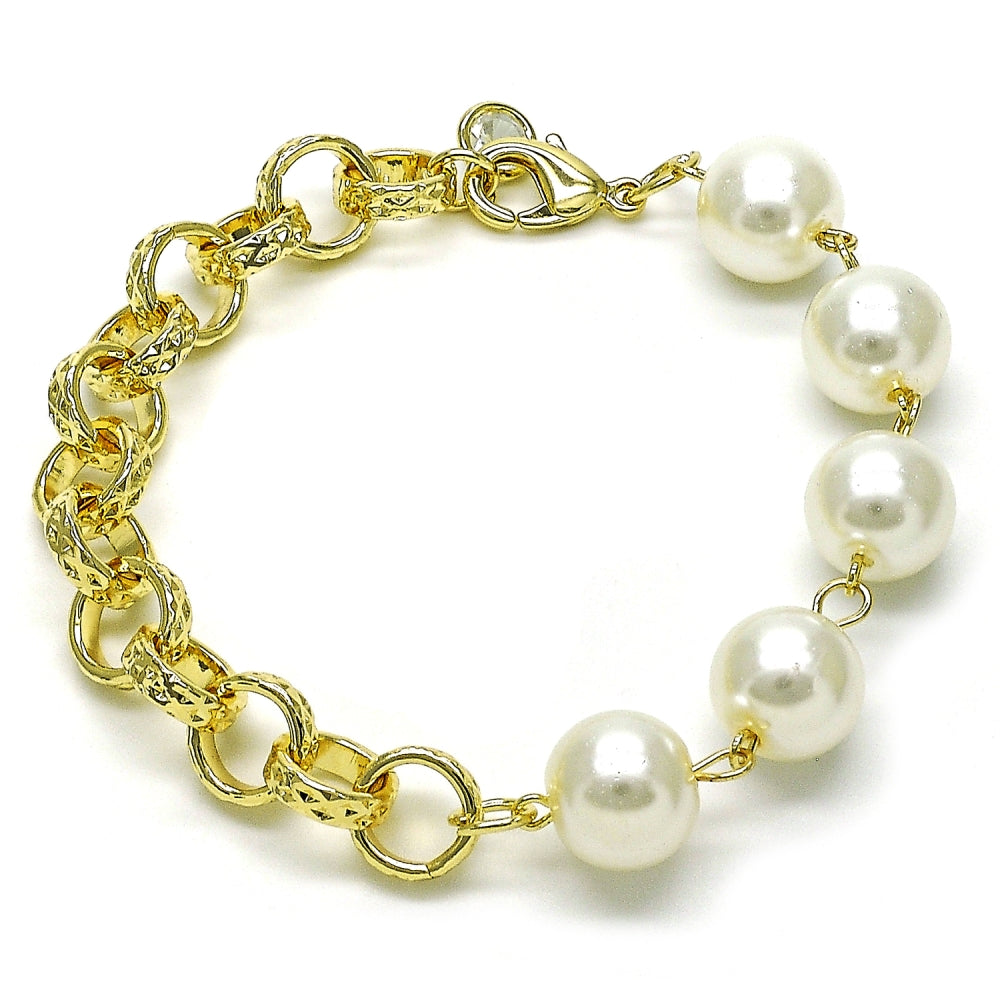 Oro Laminado Fancy Bracelet, Gold Filled Style Rolo and Ball Design, with Ivory Pearl, Diamond Cutting Finish, Golden Finish