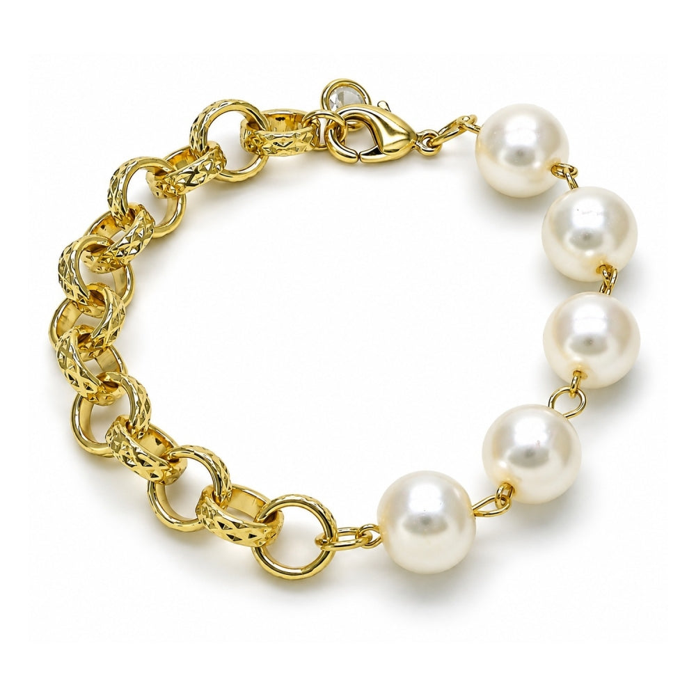 Oro Laminado Fancy Bracelet, Gold Filled Style Rolo and Ball Design, with Ivory Pearl, Diamond Cutting Finish, Golden Finish