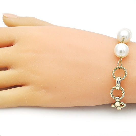Oro Laminado Fancy Bracelet, Gold Filled Style Ball and Twist Design, with Ivory Pearl, Diamond Cutting Finish, Golden Finish
