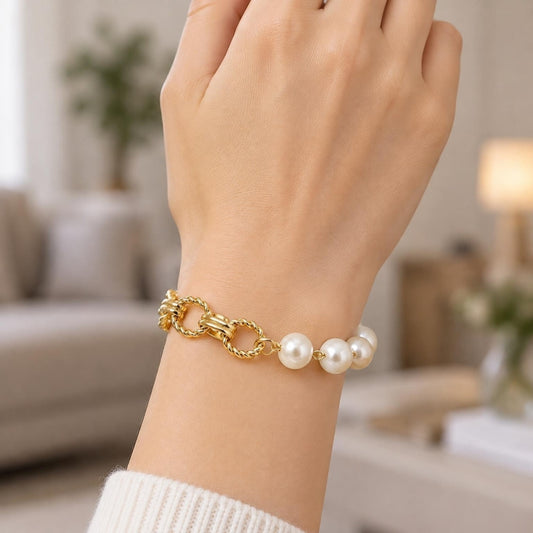 Oro Laminado Fancy Bracelet, Gold Filled Style Ball and Twist Design, with Ivory Pearl, Diamond Cutting Finish, Golden Finish