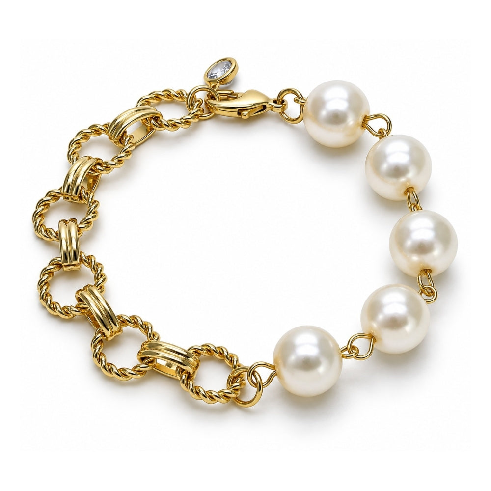 Oro Laminado Fancy Bracelet, Gold Filled Style Ball and Twist Design, with Ivory Pearl, Diamond Cutting Finish, Golden Finish