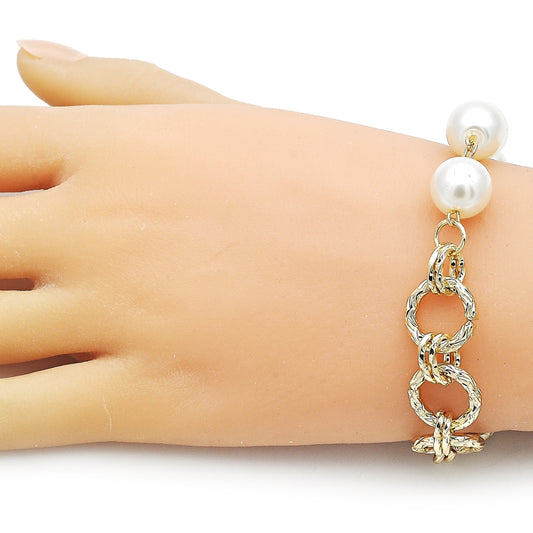 Oro Laminado Fancy Bracelet, Gold Filled Style Ball and Twist Design, with Ivory Pearl, Diamond Cutting Finish, Golden Finish