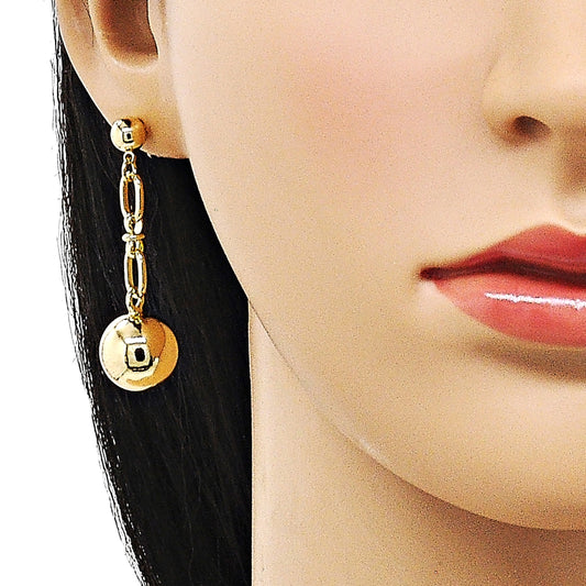 Oro Laminado Long Earring, Gold Filled Style Ball Design, Polished, Golden Finish