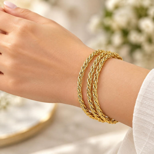 Oro Laminado Trio Bangle, Gold Filled Style Twist Design, Polished, Golden Finish